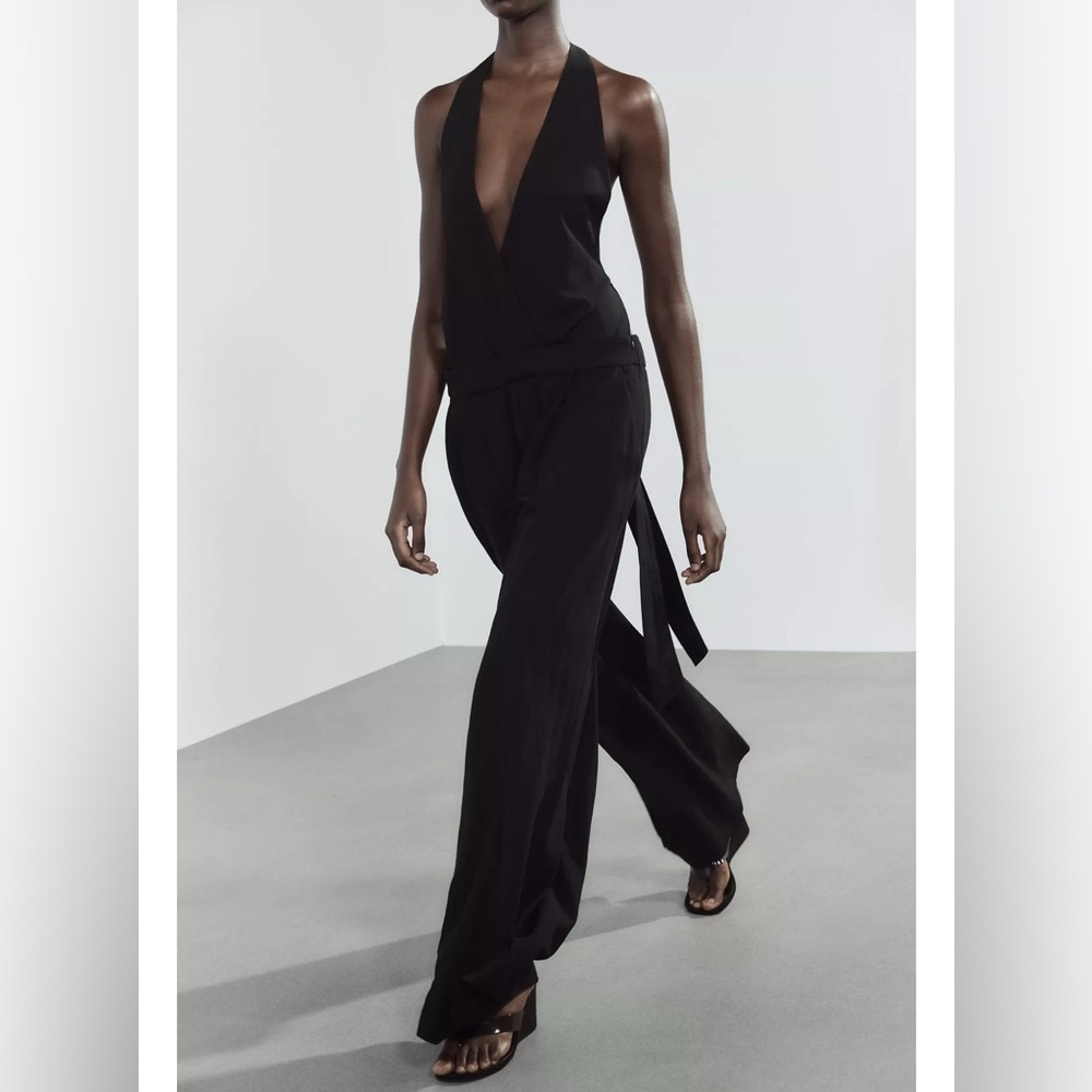 ZARA LONG OPEN BACK JUMPSUIT Black Cotton/Linen Blend XL NWT
